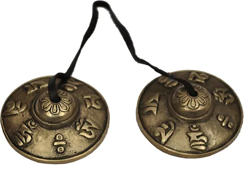 Miniatura 2 de Dharma Store - Platillos tibetanos de Tingsha - 2.4 in - Símbolos de zumbido de melena OM Padme en relieve