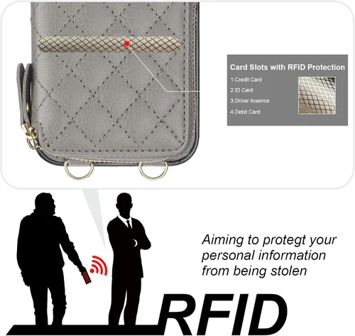 Miniatura 3 de Bocasal Funda tipo cartera con bandolera para iPhone 13, de cuero PU con bloqueo RFID, con cierre de cremallera, cartera tipo bolso con función Gris