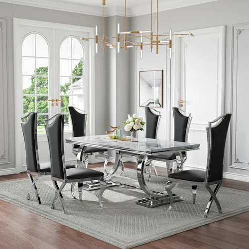Miniatura 13 de Juego de mesa de comedor de mármol de 70 pulgadas para 6, mesa de cocina grande y sillas de cuero negro, mesas de comedor modernas negras y doradas