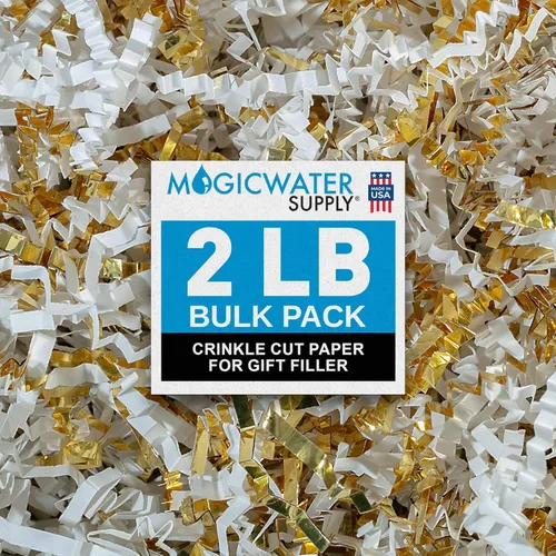 MagicWater Papel de Corte Ondulado para Cestas de Regalo - 2LB - Blanco y Dorado - Perfecto para Relleno de Papel Triturado, Relleno de Cestas,