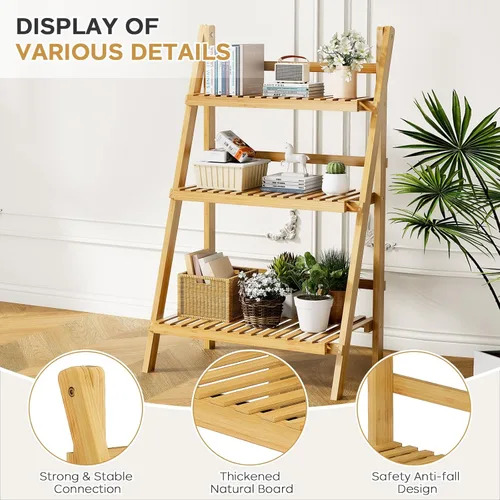 Miniatura 7 de OAKVIVO - Estantería de escalera plegable de 39.4", Estantería de bambú de 3 niveles, para macetas, estante de exhibición en forma de escalera