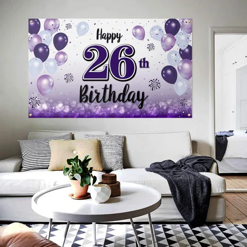 Miniatura 4 de Decoraciones de feliz cumpleaños 26, cartel grande de globo morado 26, suministros para fiesta de cumpleaños de 26 años. 26th
