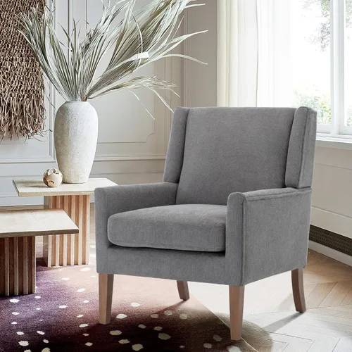 Miniatura 8 de COLAMY Silla moderna de ala para sala de estar, sillón acentuado tapizado en tela, sillón individual con asiento tipo sofá y patas de madera