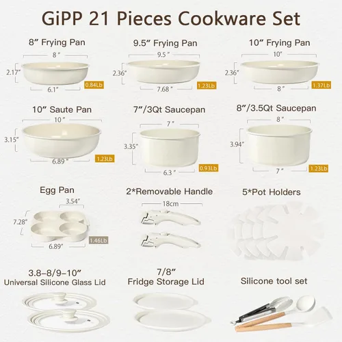 Miniatura 2 de GiPP Juego de ollas y sartenes de cerámica antiadherentes, antiadherentes con mango desmontable, saludable y no tóxico, sin PFAS PFOA y PTFE, apto