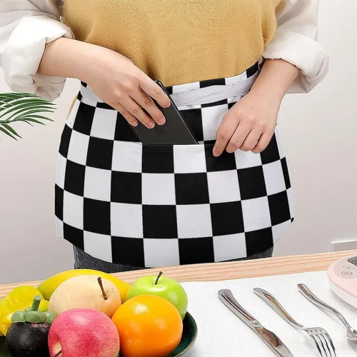 Miniatura 2 de Delantales de cintura con patrón de bandera a cuadros negros y blancos con 3 bolsillos para camarera, chef, medio delantal para mujeres y hombres