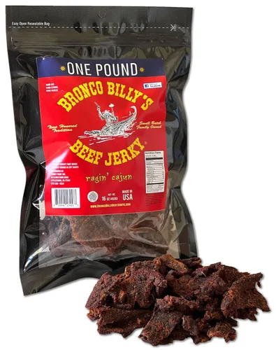 Miniatura 20 de Bolsa resellable de media libra de carne de res con sabor a bourbon Bronco Billy's Beef Jerky