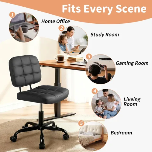 Miniatura 3 de Silla de escritorio de oficina en casa sin brazos – Pequeñas sillas giratorias de escritorio de oficina con ruedas – Silla de computadora de piel