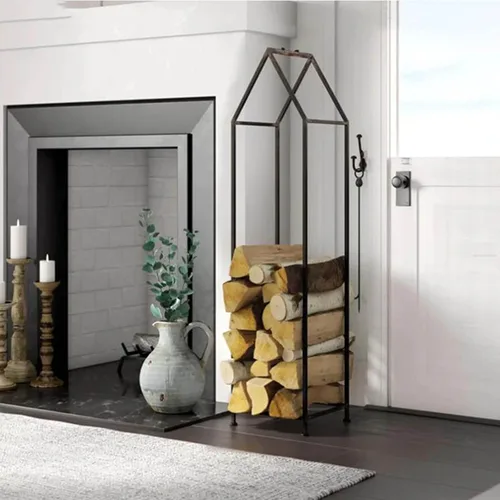 Miniatura 6 de Estante decorativo de leña moderno en forma de casa, ayuda de apilamiento alto para uso en y exteriores, estante de troncos de metal con asa