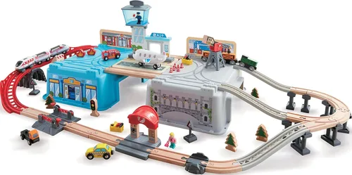 Hape Super Cityscape - Juego de cubos de transporte | Juego de tren de juguete de madera con escenas de la ciudad, avión, motor a batería, para