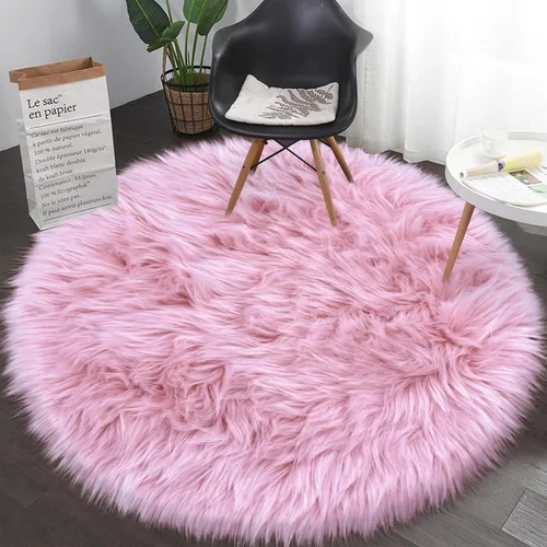 Miniatura 26 de Alfombras Redondas Rosadas Esponjosas de 4 Pies para Dormitorio de Niñas, Alfombra de Piel Sintética de Oveja de Felpa para Sala de Estar, Alfombra