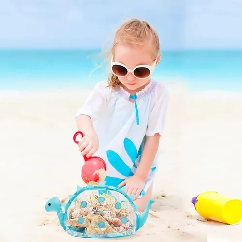 Miniatura 5 de Bolsa de playa de malla de juguete de playa, bolsa de recolección de conchas para niños, bolsa de juguete de playa de dinosaurio para sostener Morado