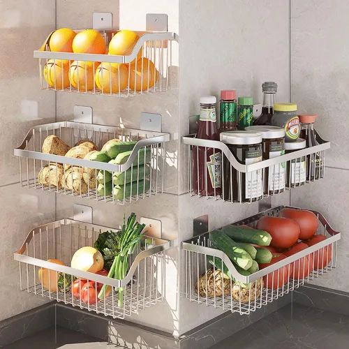 Miniatura 7 de SUS304 - Cestas de almacenamiento colgantes de acero inoxidable para montaje en pared, estante de almacenamiento de alambre de metal para cocina