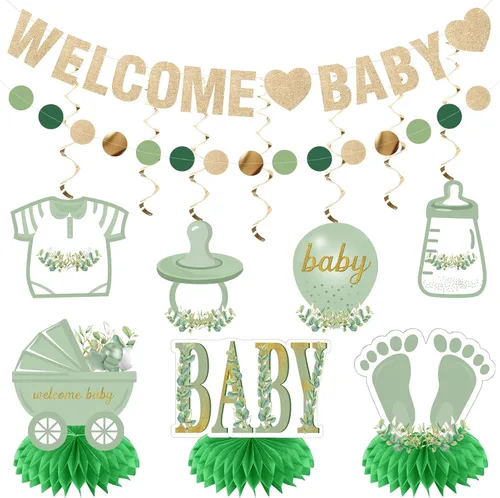 Miniatura 8 de Decoraciones de baby shower para niño, 9 piezas de pancarta de revelación de género de niño con purpurina azul claro, centro de mesa, juego