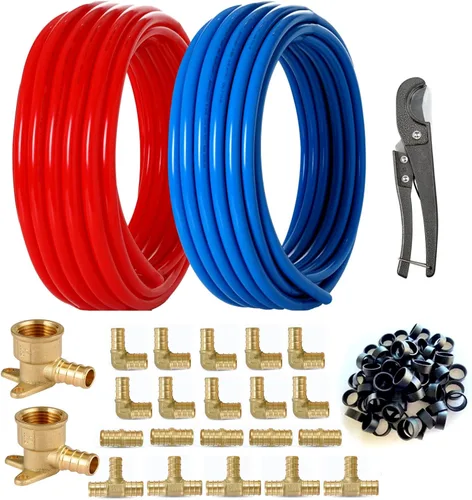 Miniatura 10 de Tubo PEX-B, 2 rollos de 1/2 pulgada, azul y rojo cada uno de 100 pies (200 pies) de longitud, tubos PEX con cortador de tubos, para aplicaciones
