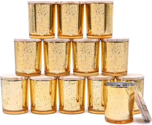 Miniatura 14 de SHOWIN Tarros de vela gruesos de 14 OZ para hacer velas 12 Piezas, tarros vacíos de 3 mechas con tapas de madera para hacer velas, recipiente