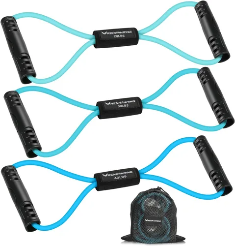 RENRANRING Bandas de Resistencia de Fitness en Forma de 8 con Asas - Juego de 3 Bandas de Tubo de Ejercicio para Estiramiento de Brazos y Hombros,