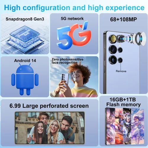 Miniatura 2 de Huness I25 Ultra Unlocked Cell Phone,Built in Pen,16+1TB Unlocked Phone, Android 14 Battery 7000mAh 6.99" HD Screen Smartphone, 5G/Face