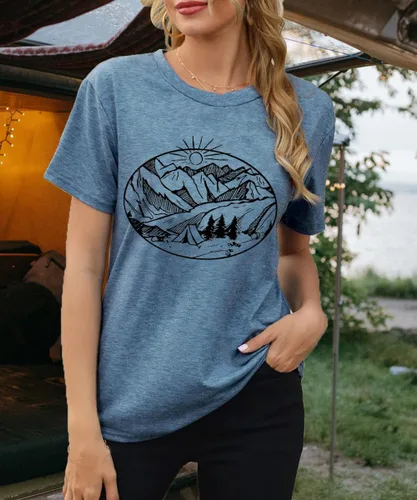 Miniatura 45 de Camisetas sin mangas de senderismo y montaña para mujer, divertidas camisetas de entrenamiento con gráficos de pino y amanecer, camisetas de verano