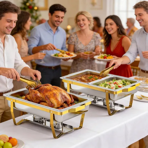 Miniatura 5 de Juego de 2 platos de 9 cuartos de galón para bufé, calentadores de alimentos de acero inoxidable dorado con utensilios de servir, soporte plegable