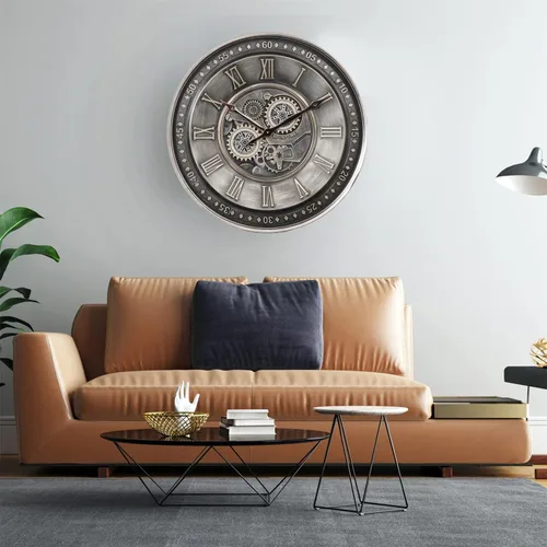 Miniatura 8 de CLXEAST Reloj de pared grande de 24 pulgadas con engranaje móvil para decoración de sala de estar, relojes de pared con números romanos de metal