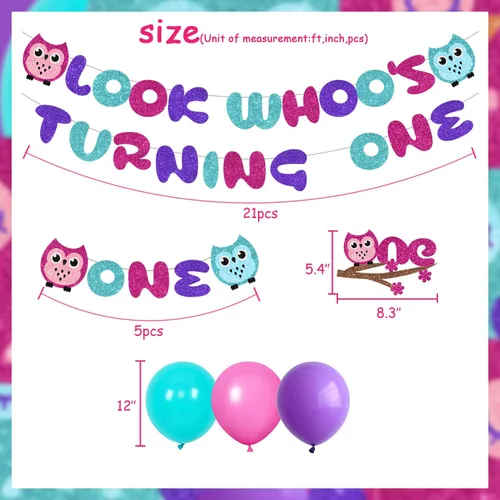Miniatura 6 de Decoraciones de fiesta de primer cumpleaños de búho de dibujos animados para niños y niñas con Look Who's Turning One, globo de látex, decoración