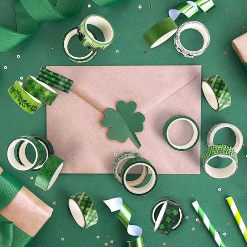 Miniatura 8 de Juego de cinta decorativa verde de 20 rollos de cinta washi del día de San Patricio para trébol de la suerte, cinta adhesiva para bricolaje del día