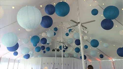 Miniatura 5 de UNIQOOO Juego de 18 faroles de papel azul océano para decoración de fiesta de boda, suministros de decoración de faroles japoneses colgantes, fácil