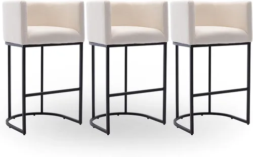 Miniatura 25 de Taburete de bar de lino de 32 pulgadas, taburete moderno de altura de barril con brazo, silla de mostrador tapizada, marco de metal negro para isla