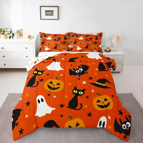 Miniatura 29 de Juego de edredón rosa con temática de Halloween, tamaño individual, edredón de farol de calabaza para adolescentes, juego de ropa de cama de Multi