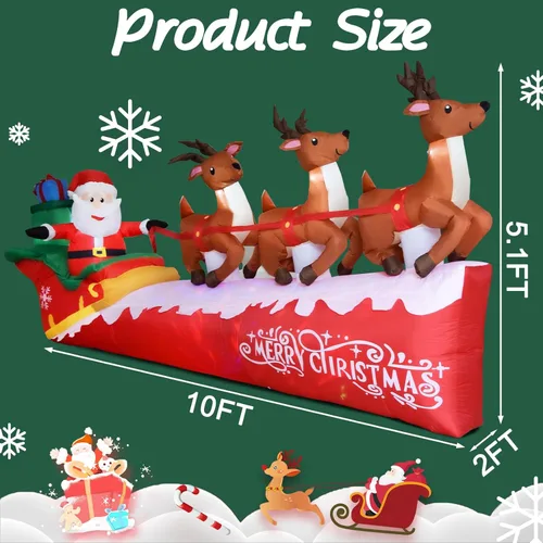 Miniatura 3 de Papá Noel inflable de Navidad de 10 pies en trineo con 3 renos, inflable para patio con luces LED integradas, decoración de fiesta navideña