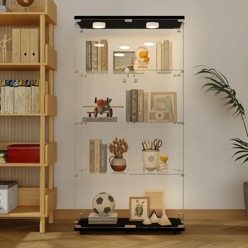 Miniatura 19 de Vitrina de cristal con 4 estantes con tira de luces LED y cerradura, vitrina de vitrina con ruedas y 1 puerta, vitrina de vidrio templado para sala