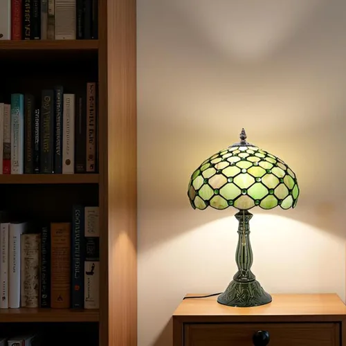 Miniatura 4 de Tiffany Lamp Stained Glass Table Lamps Amber Green Pearl Style Desk Lamp12X12X18.5 Inch Bronze Ceramic Base Reading Light Suitable for Bedside
