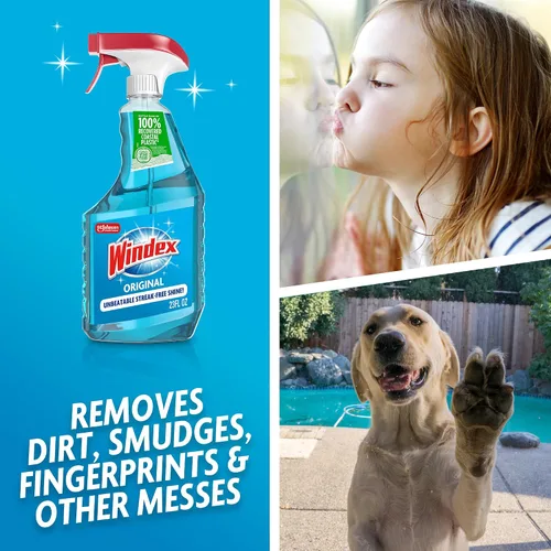 Miniatura 3 de Windex Spray limpiador de vidrio y ventanas, botella hecha de plástico 100% reciclado, espray de limpieza de superficies, aroma azul original, 23