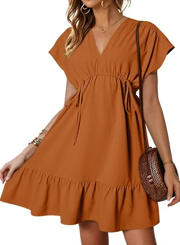 Dokotoo Vestidos de manga corta con cuello en V y cordón para mujer, estilo casual, con volantes, acampanado, mini vestido tipo babydoll