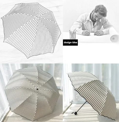 Miniatura 4 de URAWESO Sombrilla a rayas con protección UV para viajes, playa, compacto, plegable, para caminar (blanco)