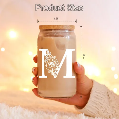 Miniatura 5 de Taza de Vidrio Inicial Coolife, Regalos Personalizados para Mujeres, Tazas de Vidrio de 16 oz con Tapas y Popotes, Jarra de Cerveza de Vidrio