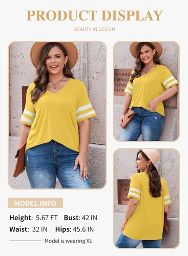 Miniatura 51 de Eytino Blusas de talla grande para mujer, cuello en V, manga corta, a rayas, casual, holgada, con bolsillo (1X-5X)