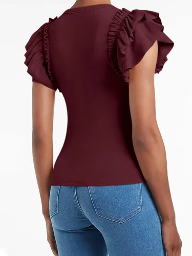 Miniatura 3 de Camisas de manga corta con volantes para mujer, ajuste entallado, cuello alto, punto acanalado