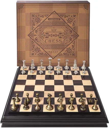 Miniatura 9 de AMEROUS Juego de ajedrez de madera de 12.5 pulgadas con piezas de ajedrez de metal, juego de mesa clásico con rey de 2.5"/almacenamiento para piezas