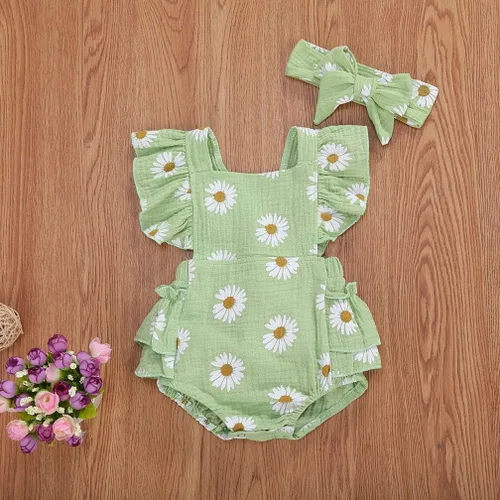 Miniatura 3 de Bebé Niñas Impresión Margarita Algodón Lino Volantes Sin Mangas Mameluco Mono Mono con Headaband Ropa Infantil Verano
