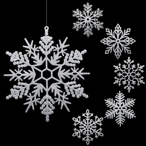 Sratte Paquete de 24 adornos de copos de nieve grandes con purpurina de 12 pulgadas, decoración gigante de plástico para colgar en invierno, Plata