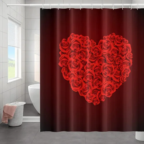 Miniatura 2 de Cortina de ducha romántica con ganchos para el día de San Valentín, diseño romántico de rosas rojas y corazones para San Valentín, estilo festivo