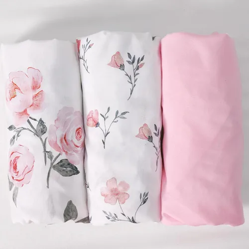 Miniatura 7 de PHF 3 paquetes de sábanas de cuna suaves, sábanas bajeras florales rosa transpirables y cómodas para niñas, ajuste universal sin deslizamiento