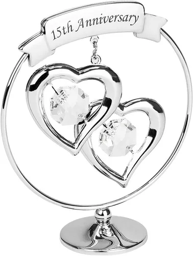 Haysom Interiors Happy Homewares - Moderno adorno de regalo de recuerdo de metal chapado en plata del 15 aniversario con cristal austriaco
