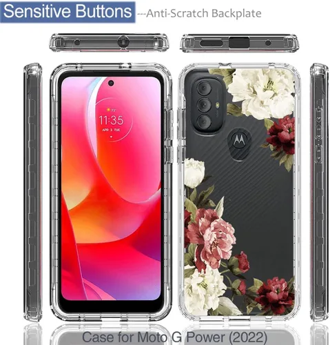 Miniatura 5 de Funda para Moto G Power 2022, Moto XT2165DL con protector de pantalla de vidrio templado, bonito patrón floral transparente de cuerpo completo