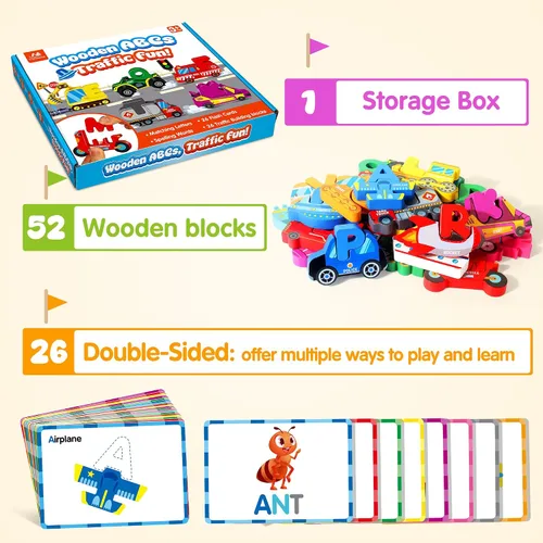 Miniatura 9 de Vanmor Rompecabezas de madera del alfabeto para niños pequeños, juego de palabras a juego con 52 bloques y tarjetas flash, juguetes de ortografía