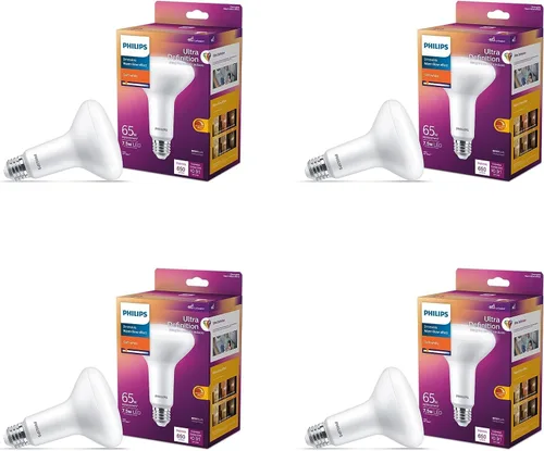 PHILIPS Bombilla LED 65W BR30 Paquete de 4 Ultra Definición (2200K) 650 Lúmenes (7.5W = 65W) Bombillas regulables esmeriladas libres de parpadeo