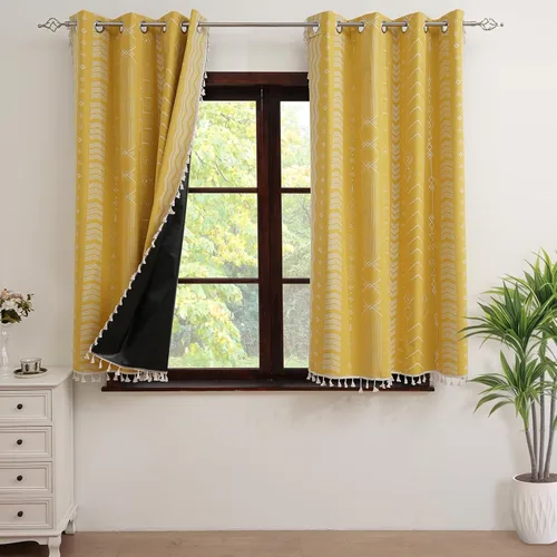 Miniatura 17 de ColorBird Cortinas Opacas Amarillas Bohemias 2 Paneles 84 Pulgadas de Largo Aislamiento Térmico Bohemio Azteca Tratamiento de Ventana Estampadas