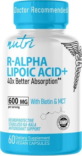 Nutri R Ácido alfa lipoico 600mg Cápsulas - Ácido lipoico R estabilizado con biotina - Forma activa de R-ALA - Dosis clínica de 600 mg - Potente
