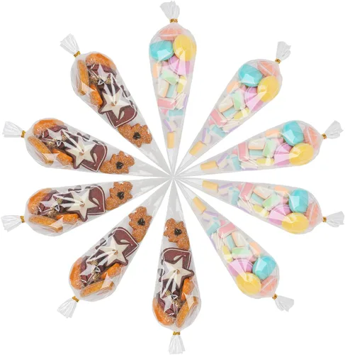 Miniatura 7 de LOMIMOS 100 bolsas de celofán en forma de cono de 6 x 12 pulgadas, bolsas de plástico triangulares transparentes con lazos coloridos para panadería